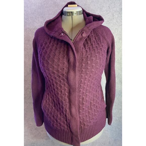 CAMBRIDGE Dry Goods Burgundy Full Zip Cable Knit Hooded Sweater Size M - Picture 2 of 10